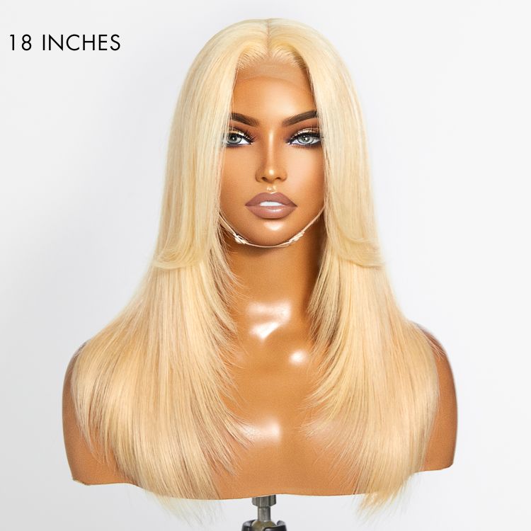 613 Blonde Curtain Bangs Layered Cut Glueless 5x5 Closure HD Lace Wig
