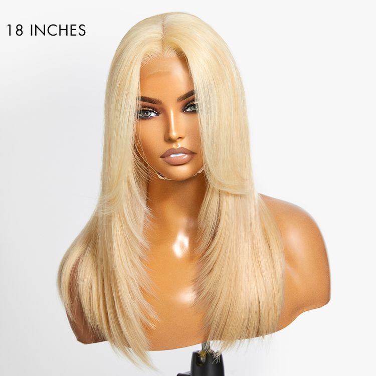 613 Blonde Curtain Bangs Layered Cut Glueless 5x5 Closure HD Lace Wig