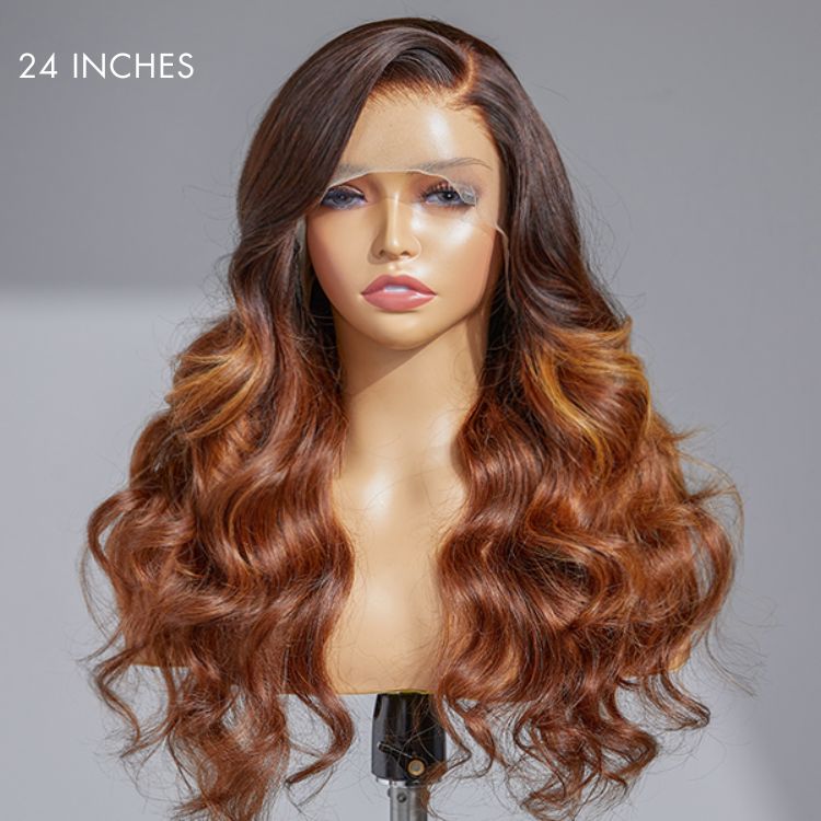 Amanda Honey Brown Highlight Glueless 13x4 Frontal Lace Side Part Long Wig | Large & Small Cap Size