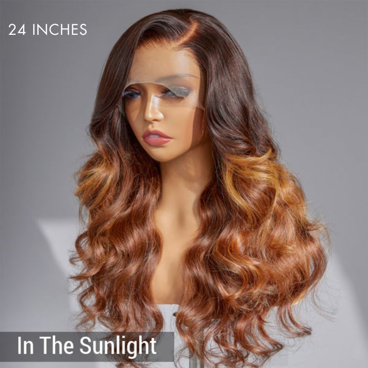 Amanda Honey Brown Highlight Glueless 13x4 Frontal Lace Side Part Long Wig | Large & Small Cap Size