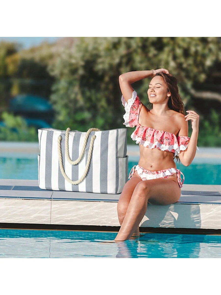 Women's Large Beach Bag, Zipper Waterproof Sand-Proof Tote Bag, Suitable For Swimming Pool (Random Pattern)