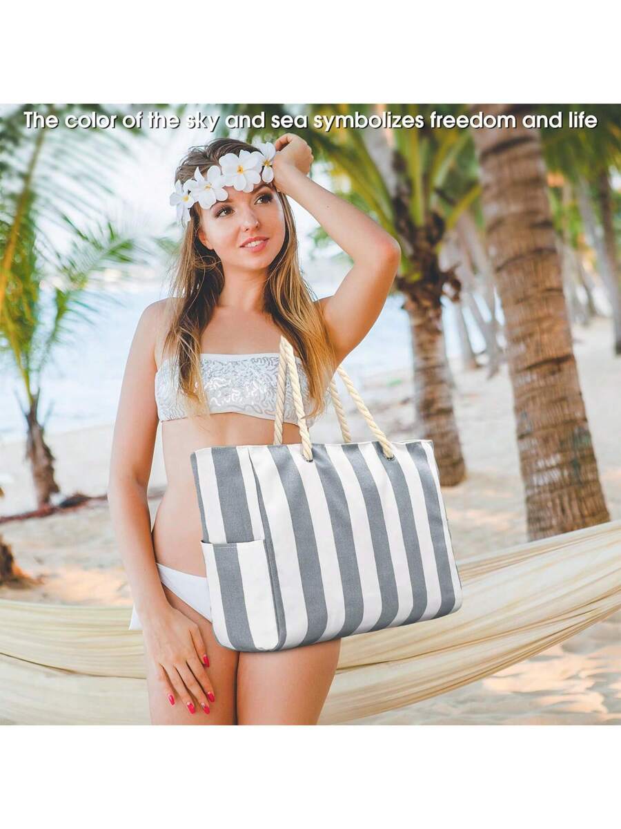 Women's Large Beach Bag, Zipper Waterproof Sand-Proof Tote Bag, Suitable For Swimming Pool (Random Pattern)