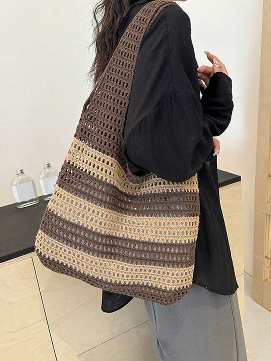 Yogodlns 2024 New Handmade Crochet Woven Tote Bag For Women, Vintage Striped Decor Shoulder Large Capacity Handbag, Perfect For Beach Vacation, Travel, Shopping And Holiday Essential, Eye-Catching Sum