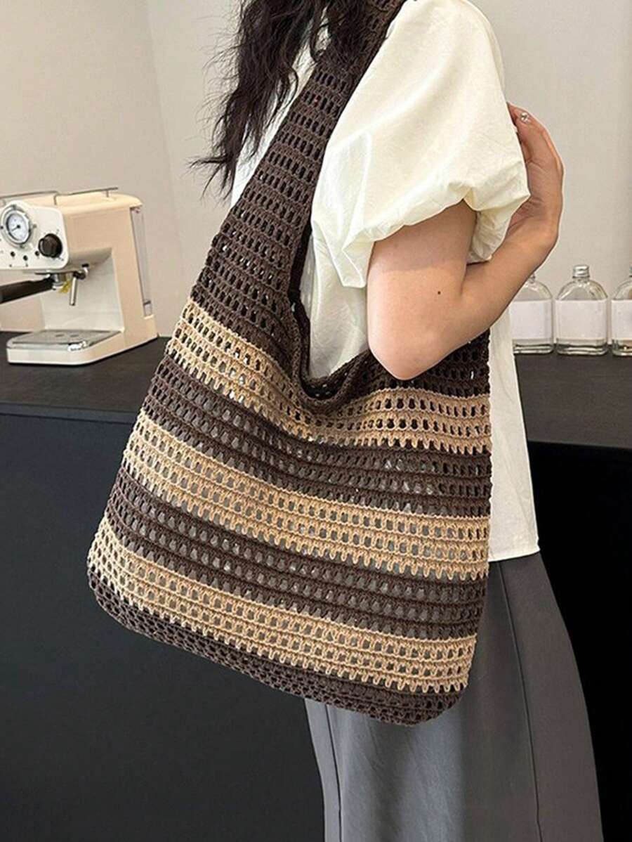 Yogodlns 2024 New Handmade Crochet Woven Tote Bag For Women, Vintage Striped Decor Shoulder Large Capacity Handbag, Perfect For Beach Vacation, Travel, Shopping And Holiday Essential, Eye-Catching Sum