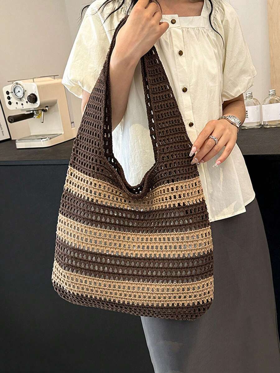 Yogodlns 2024 New Handmade Crochet Woven Tote Bag For Women, Vintage Striped Decor Shoulder Large Capacity Handbag, Perfect For Beach Vacation, Travel, Shopping And Holiday Essential, Eye-Catching Sum
