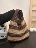 Yogodlns 2024 New Handmade Crochet Woven Tote Bag For Women, Vintage Striped Decor Shoulder Large Capacity Handbag, Perfect For Beach Vacation, Travel, Shopping And Holiday Essential, Eye-Catching Sum