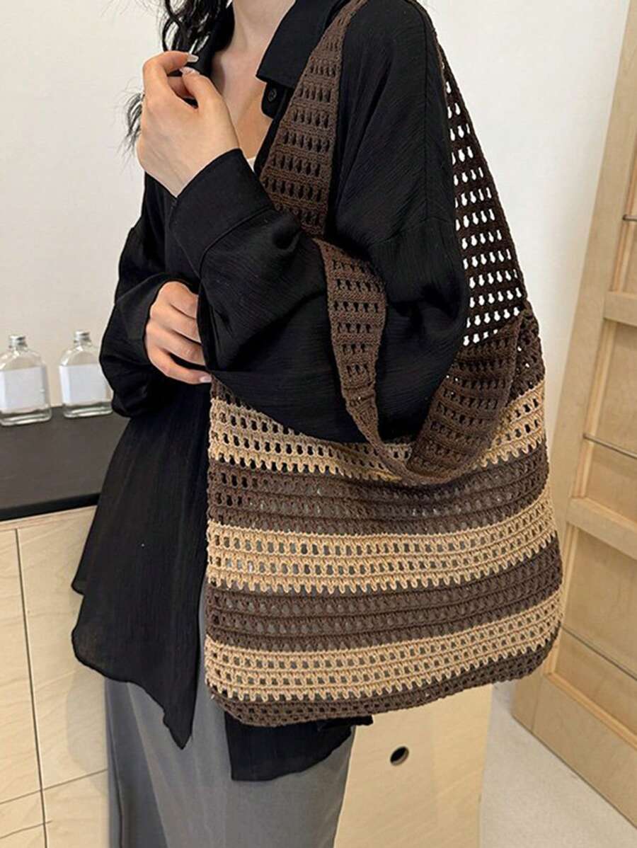 Yogodlns 2024 New Handmade Crochet Woven Tote Bag For Women, Vintage Striped Decor Shoulder Large Capacity Handbag, Perfect For Beach Vacation, Travel, Shopping And Holiday Essential, Eye-Catching Sum