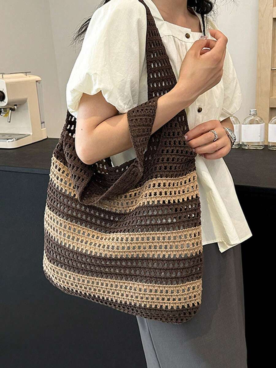 Yogodlns 2024 New Handmade Crochet Woven Tote Bag For Women, Vintage Striped Decor Shoulder Large Capacity Handbag, Perfect For Beach Vacation, Travel, Shopping And Holiday Essential, Eye-Catching Sum
