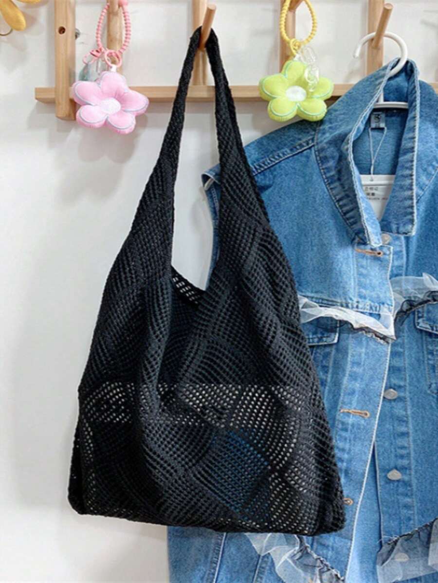 Women Hollow Knitted Shoulder Bag Simple Crochet Handbag Lightweight Casual Hollow Out Pattern Crochet Bag