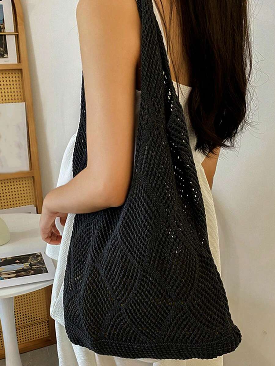 Women Hollow Knitted Shoulder Bag Simple Crochet Handbag Lightweight Casual Hollow Out Pattern Crochet Bag