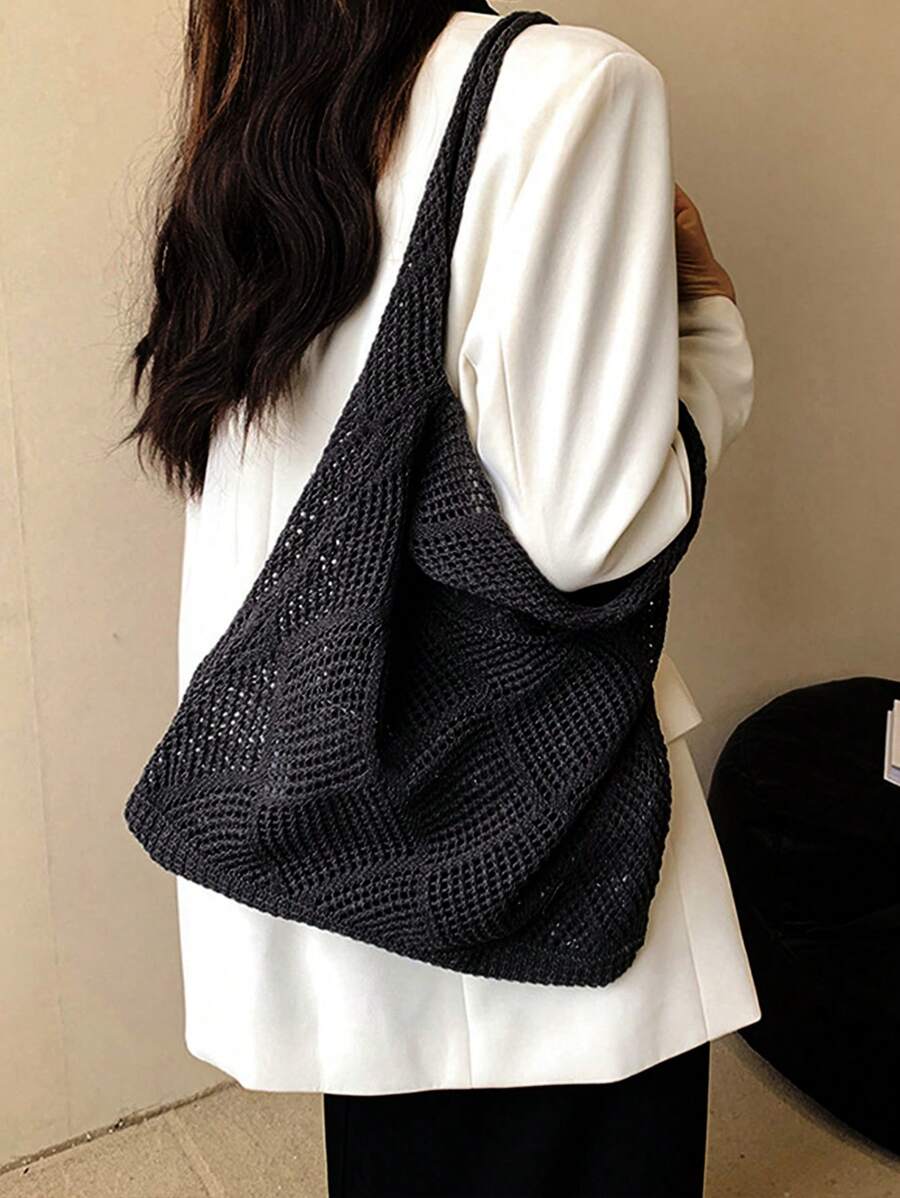 Women Hollow Knitted Shoulder Bag Simple Crochet Handbag Lightweight Casual Hollow Out Pattern Crochet Bag