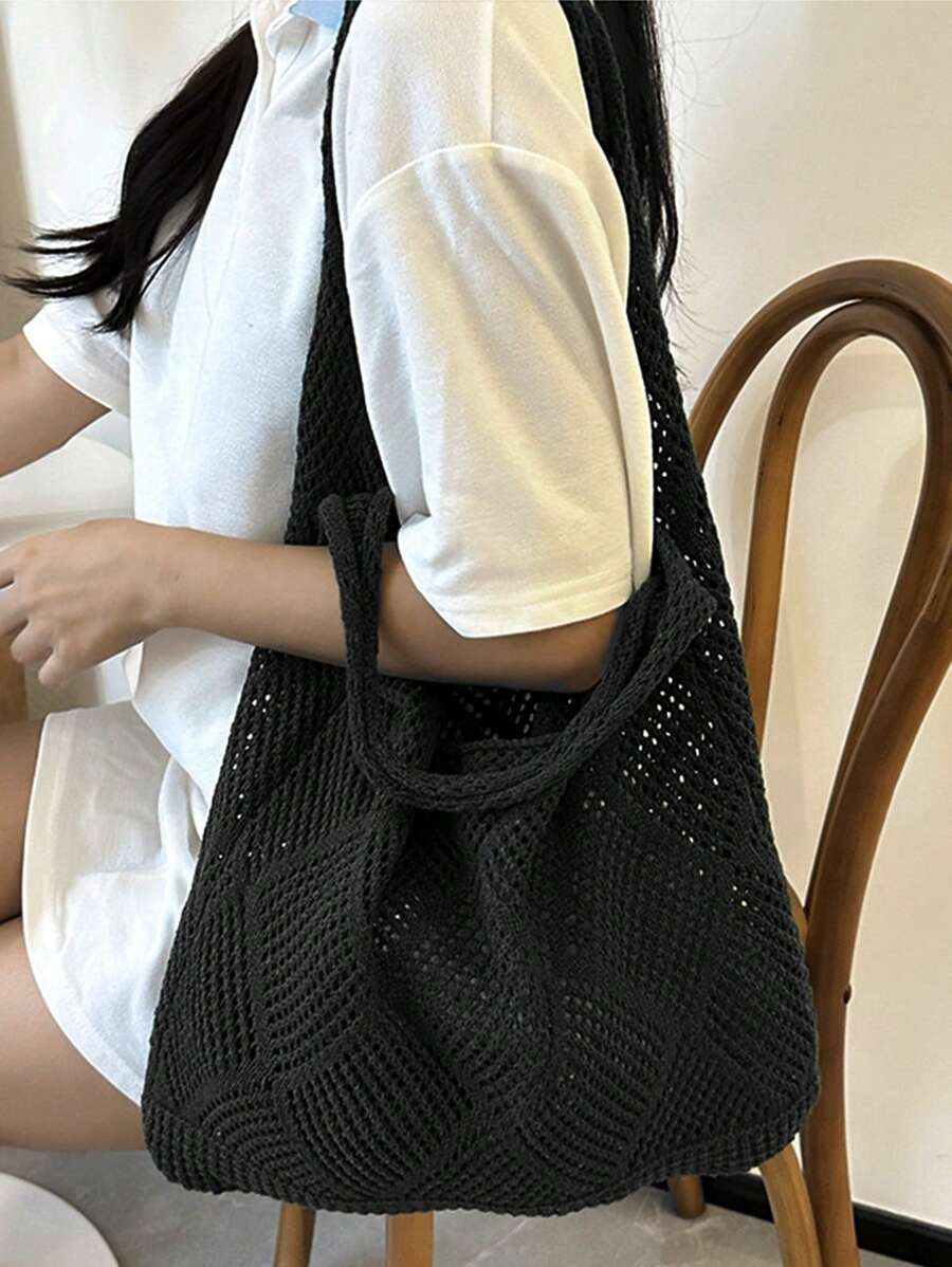 Women Hollow Knitted Shoulder Bag Simple Crochet Handbag Lightweight Casual Hollow Out Pattern Crochet Bag