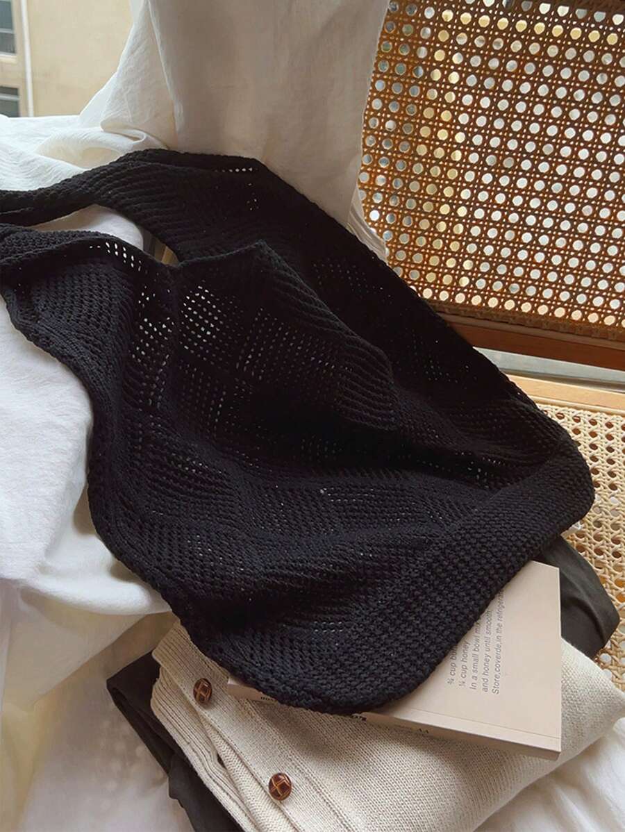 Women Hollow Knitted Shoulder Bag Simple Crochet Handbag Lightweight Casual Hollow Out Pattern Crochet Bag