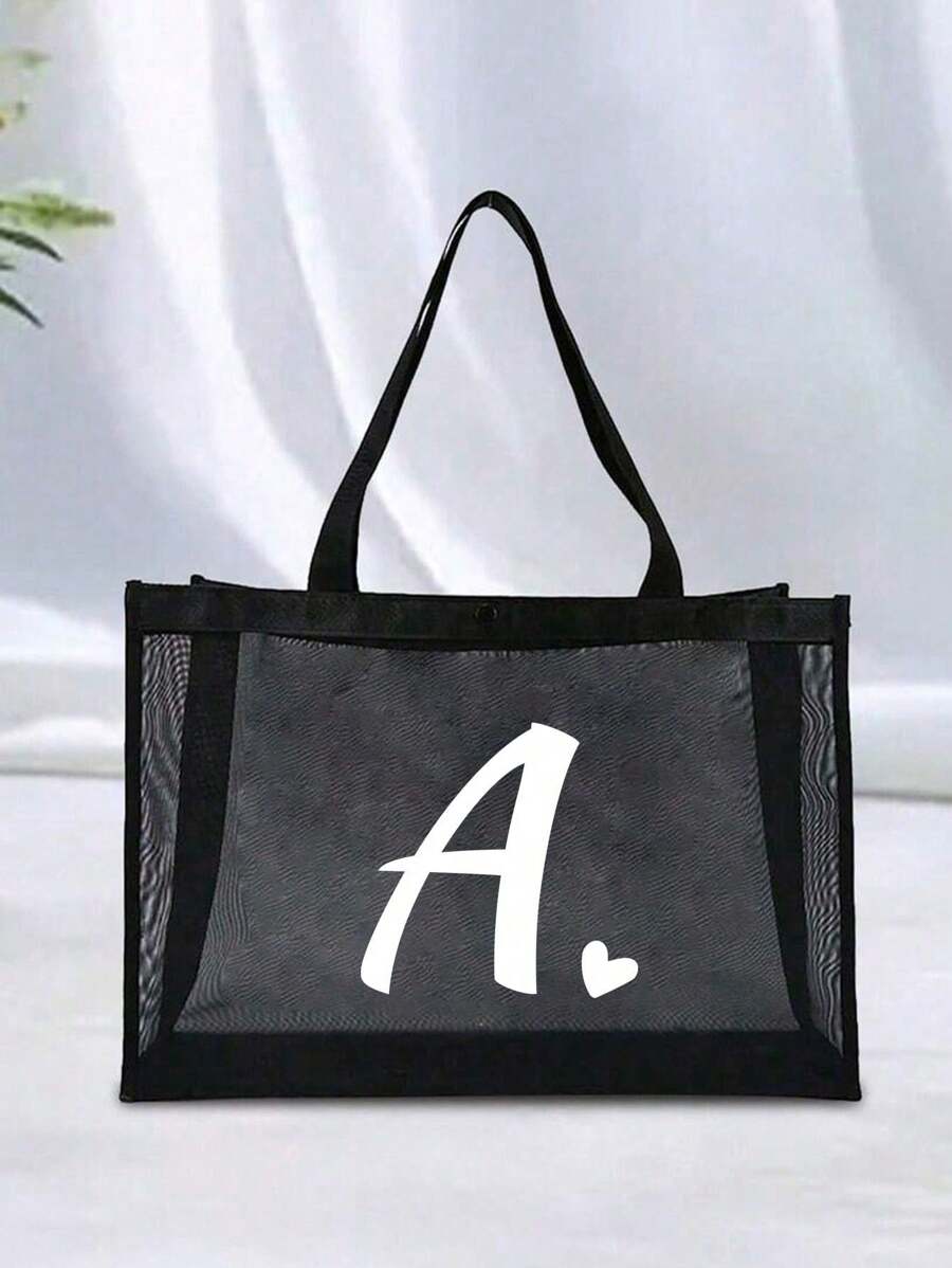 1pc Heart & Letter A-Z Mesh Beach Bag Tote, Heart Shape Letter Beach Bag, Foldable Swimming Beach Handbag, Mesh Beach Tote Bag For Women, Suitable For Beach Vacation Storage And Shopping, Large Capaci