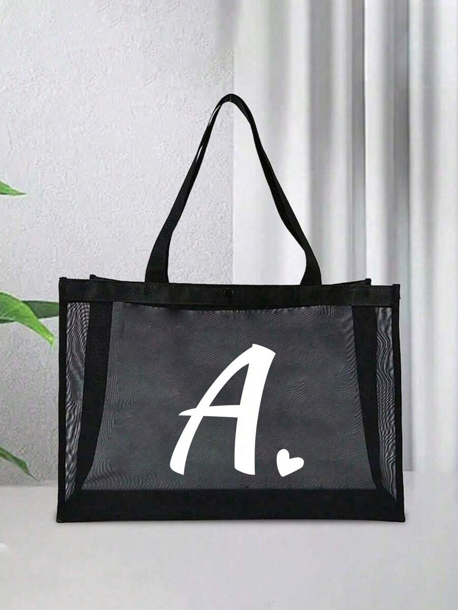 1pc Heart & Letter A-Z Mesh Beach Bag Tote, Heart Shape Letter Beach Bag, Foldable Swimming Beach Handbag, Mesh Beach Tote Bag For Women, Suitable For Beach Vacation Storage And Shopping, Large Capaci