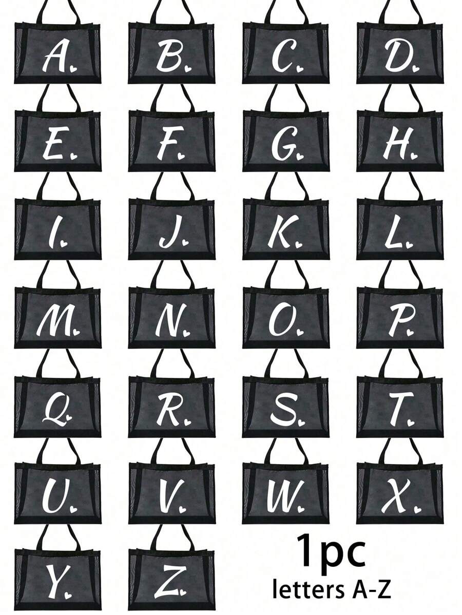 1pc Heart & Letter A-Z Mesh Beach Bag Tote, Heart Shape Letter Beach Bag, Foldable Swimming Beach Handbag, Mesh Beach Tote Bag For Women, Suitable For Beach Vacation Storage And Shopping, Large Capaci