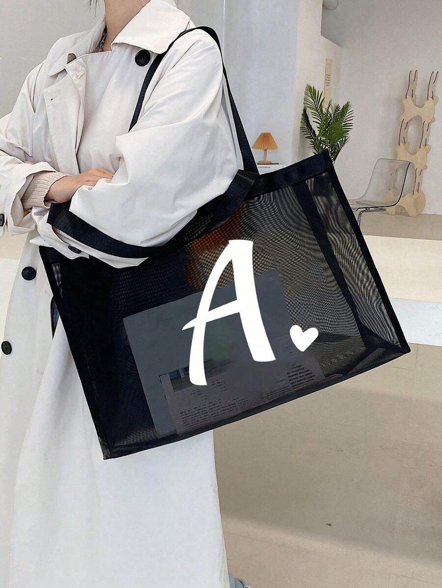 1pc Heart & Letter A-Z Mesh Beach Bag Tote, Heart Shape Letter Beach Bag, Foldable Swimming Beach Handbag, Mesh Beach Tote Bag For Women, Suitable For Beach Vacation Storage And Shopping, Large Capaci