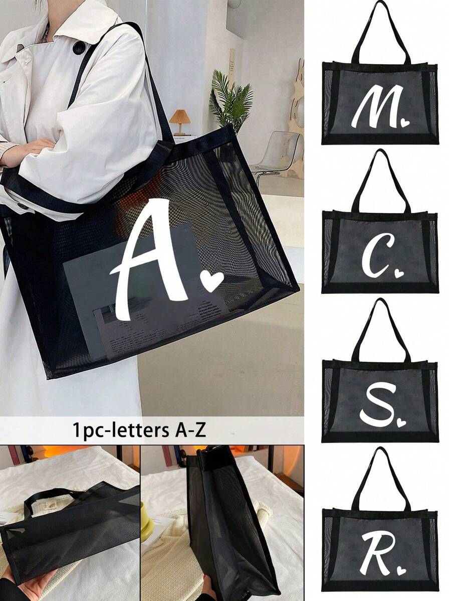 1pc Heart & Letter A-Z Mesh Beach Bag Tote, Heart Shape Letter Beach Bag, Foldable Swimming Beach Handbag, Mesh Beach Tote Bag For Women, Suitable For Beach Vacation Storage And Shopping, Large Capaci
