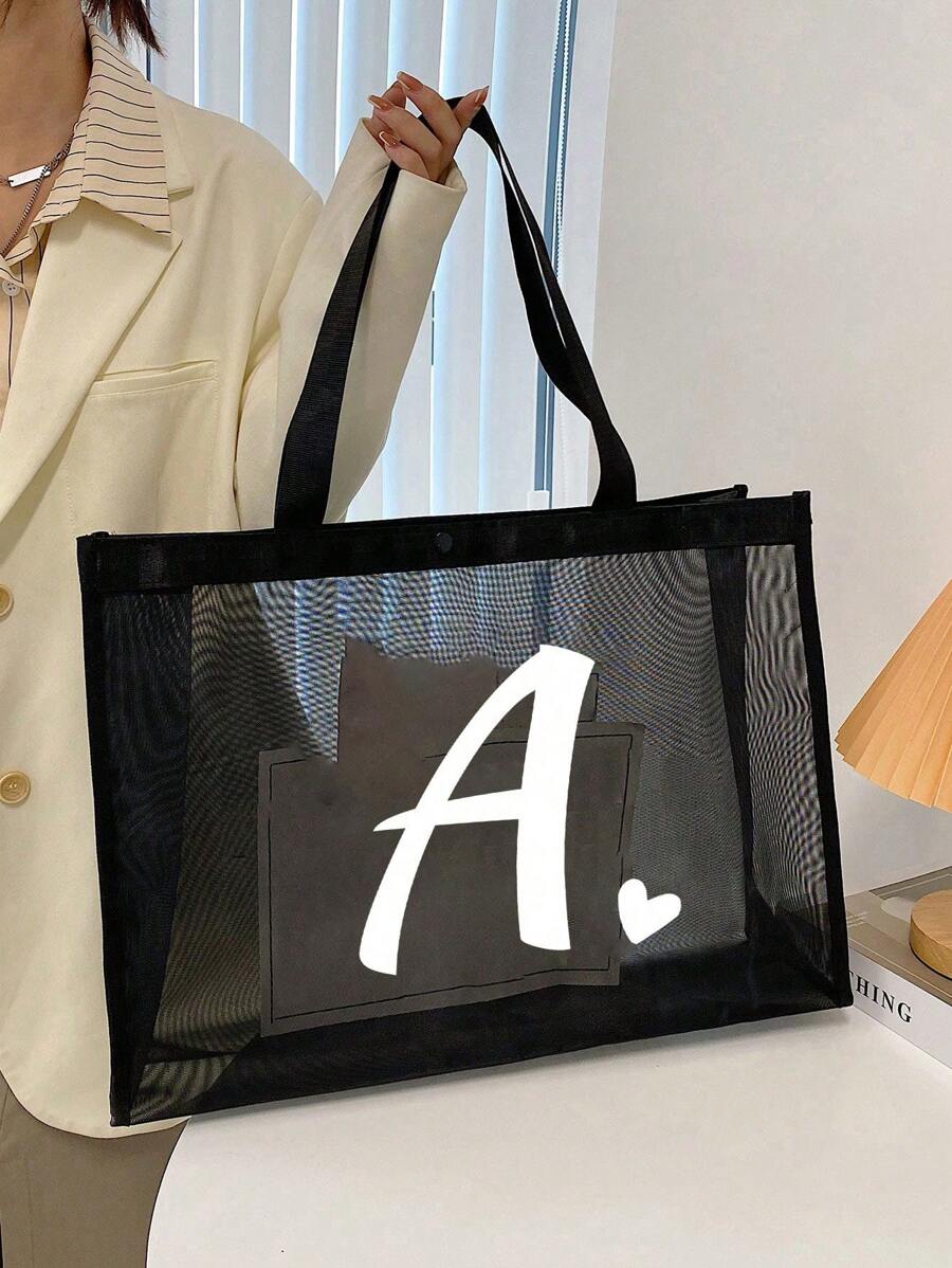 1pc Heart & Letter A-Z Mesh Beach Bag Tote, Heart Shape Letter Beach Bag, Foldable Swimming Beach Handbag, Mesh Beach Tote Bag For Women, Suitable For Beach Vacation Storage And Shopping, Large Capaci