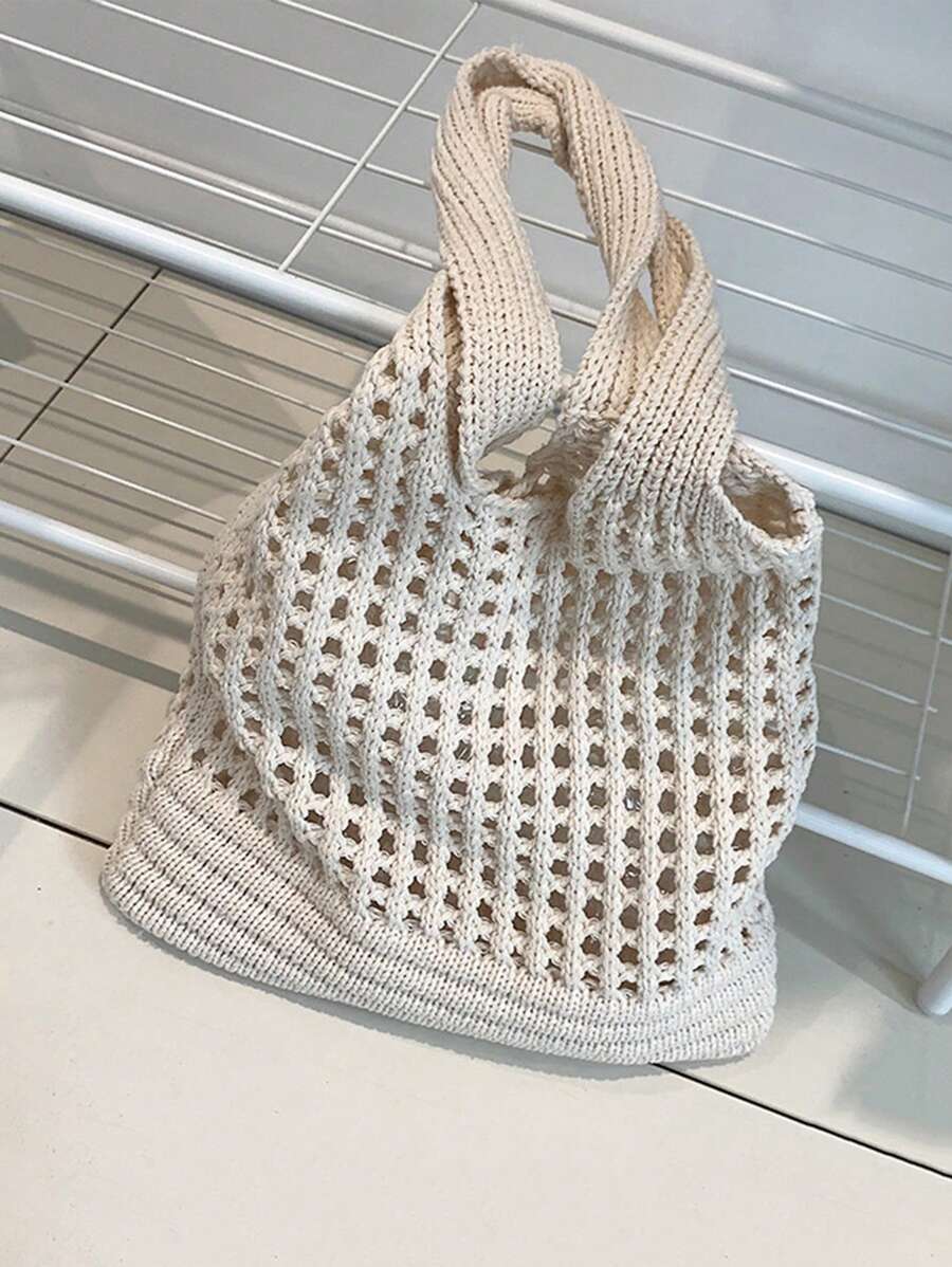 Yogodlns Women's Knitted Hollow Woven Large Capacity Floral Decor Shopping Tote Bag, Crochet Woven Bag, Summer Beach Tote