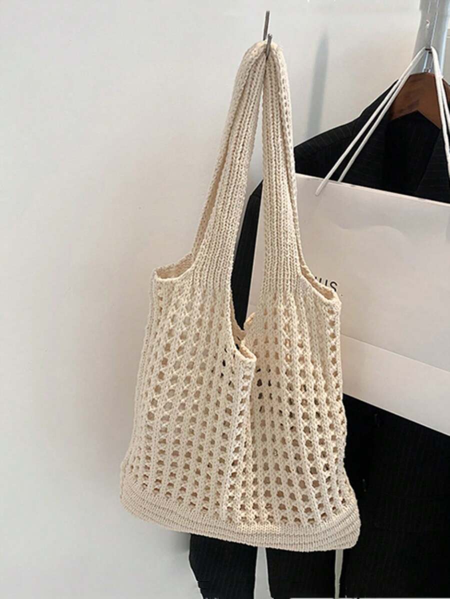 Yogodlns Women's Knitted Hollow Woven Large Capacity Floral Decor Shopping Tote Bag, Crochet Woven Bag, Summer Beach Tote