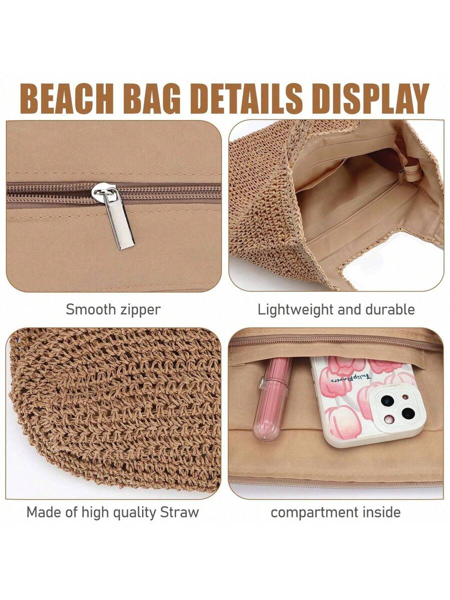 Hatisan Straw Beach Bag For Women Summer Woven Beach Tote Bag Shoulder Handbags Boho Bag, Suitable With Dress For Shopping, Travel,Vacation Essentials