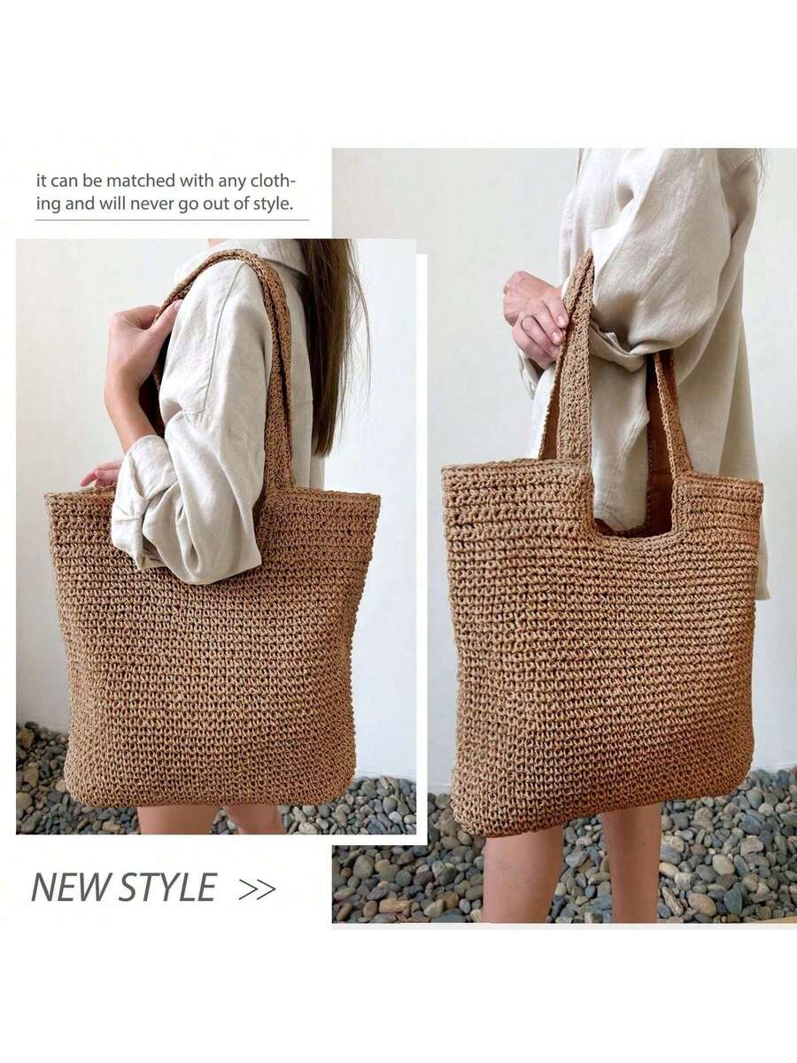 Hatisan Straw Beach Bag For Women Summer Woven Beach Tote Bag Shoulder Handbags Boho Bag, Suitable With Dress For Shopping, Travel,Vacation Essentials