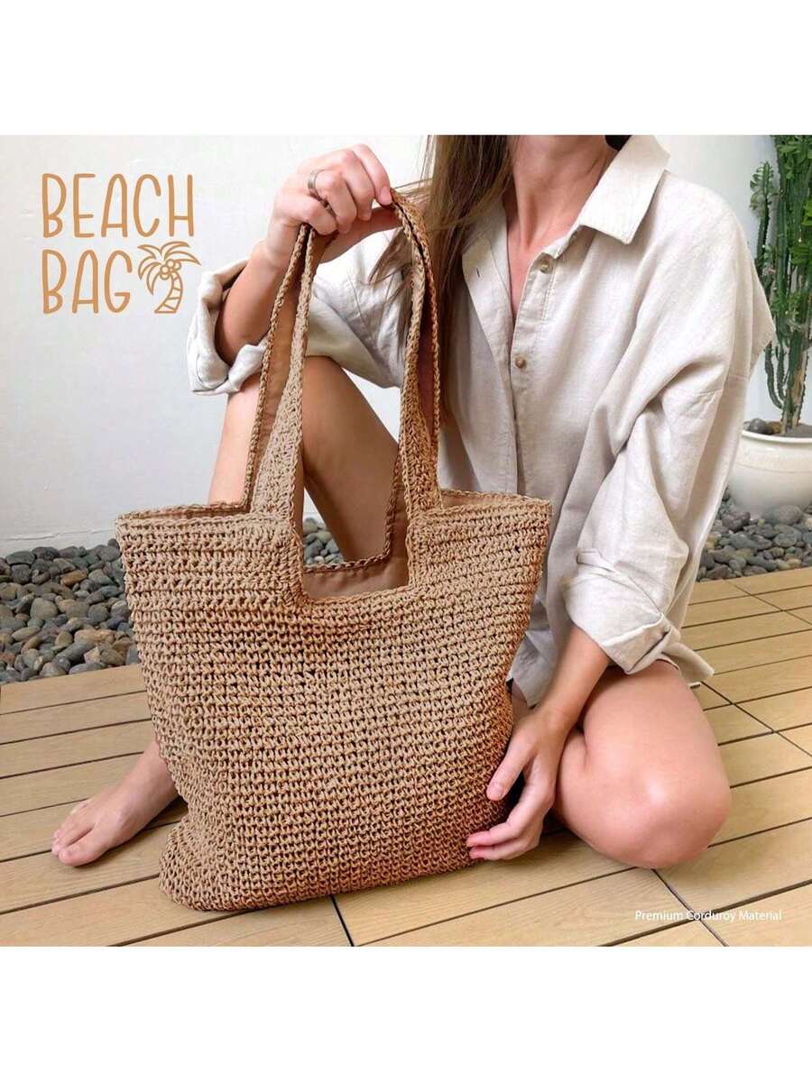 Hatisan Straw Beach Bag For Women Summer Woven Beach Tote Bag Shoulder Handbags Boho Bag, Suitable With Dress For Shopping, Travel,Vacation Essentials