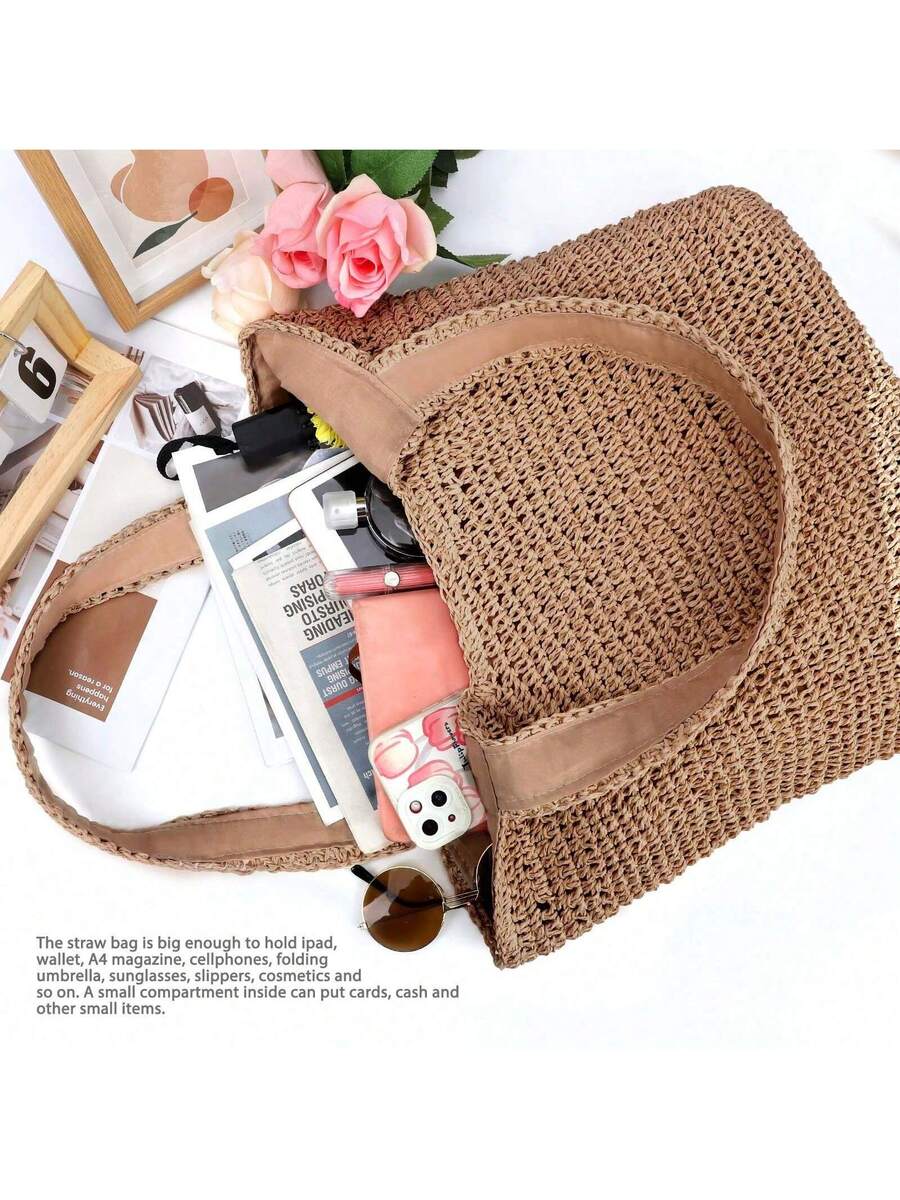 Hatisan Straw Beach Bag For Women Summer Woven Beach Tote Bag Shoulder Handbags Boho Bag, Suitable With Dress For Shopping, Travel,Vacation Essentials