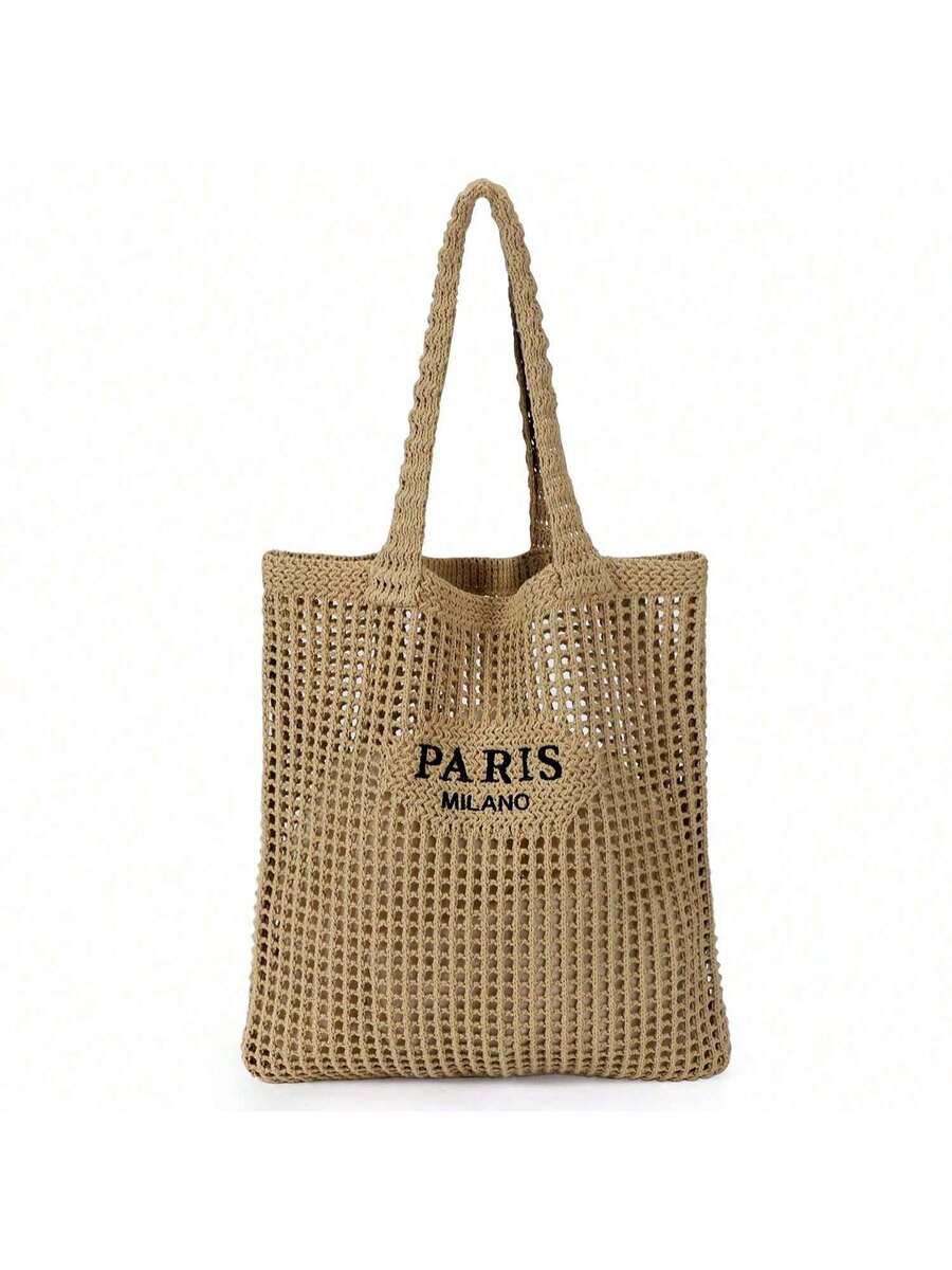 Women's Crochet Tote Bag- Mesh Beach & Summer Vacation Boho Knit Aesthetic, Versatile Beach Tote Bag With Embroidered Hollow Letter Shoulder Bag