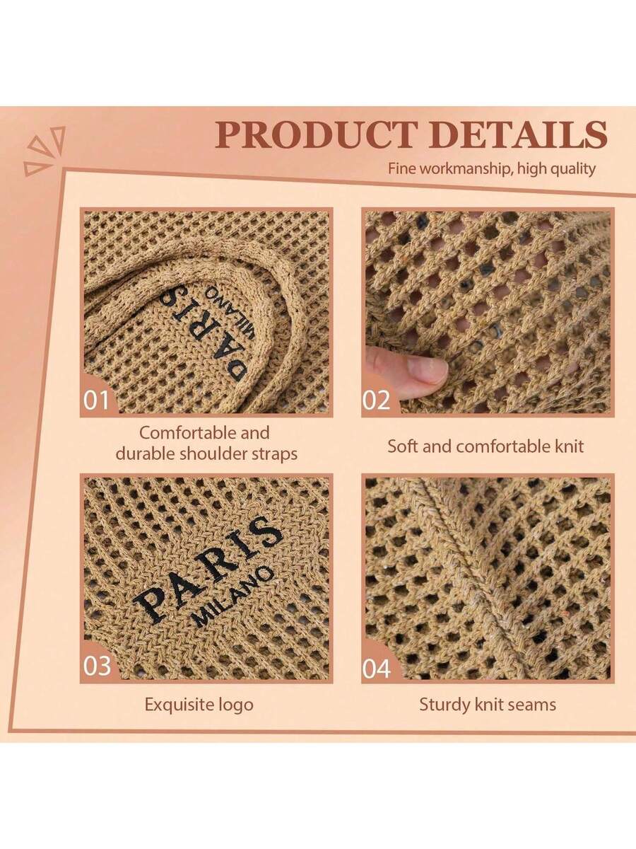 Women's Crochet Tote Bag- Mesh Beach & Summer Vacation Boho Knit Aesthetic, Versatile Beach Tote Bag With Embroidered Hollow Letter Shoulder Bag