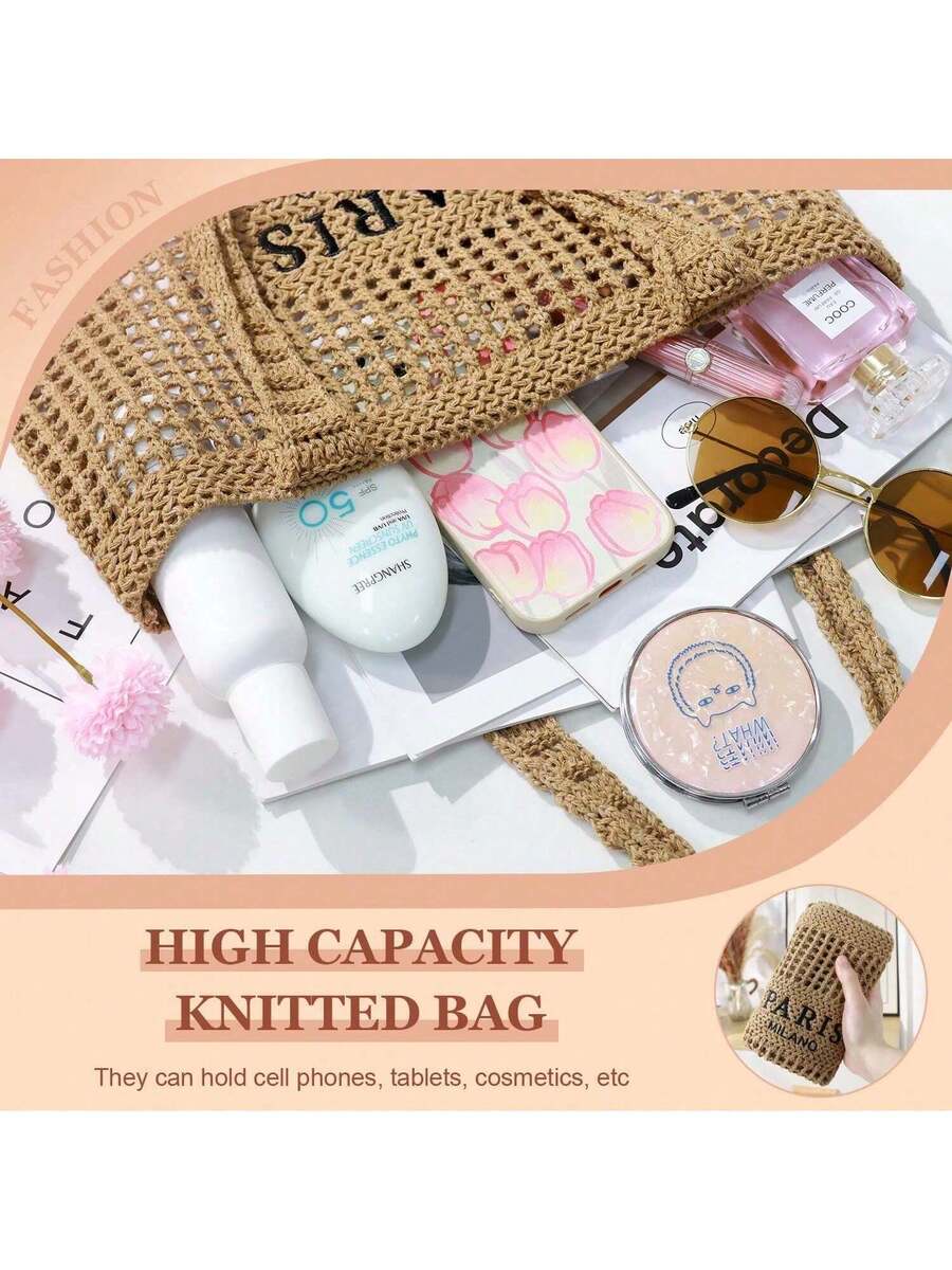 Women's Crochet Tote Bag- Mesh Beach & Summer Vacation Boho Knit Aesthetic, Versatile Beach Tote Bag With Embroidered Hollow Letter Shoulder Bag