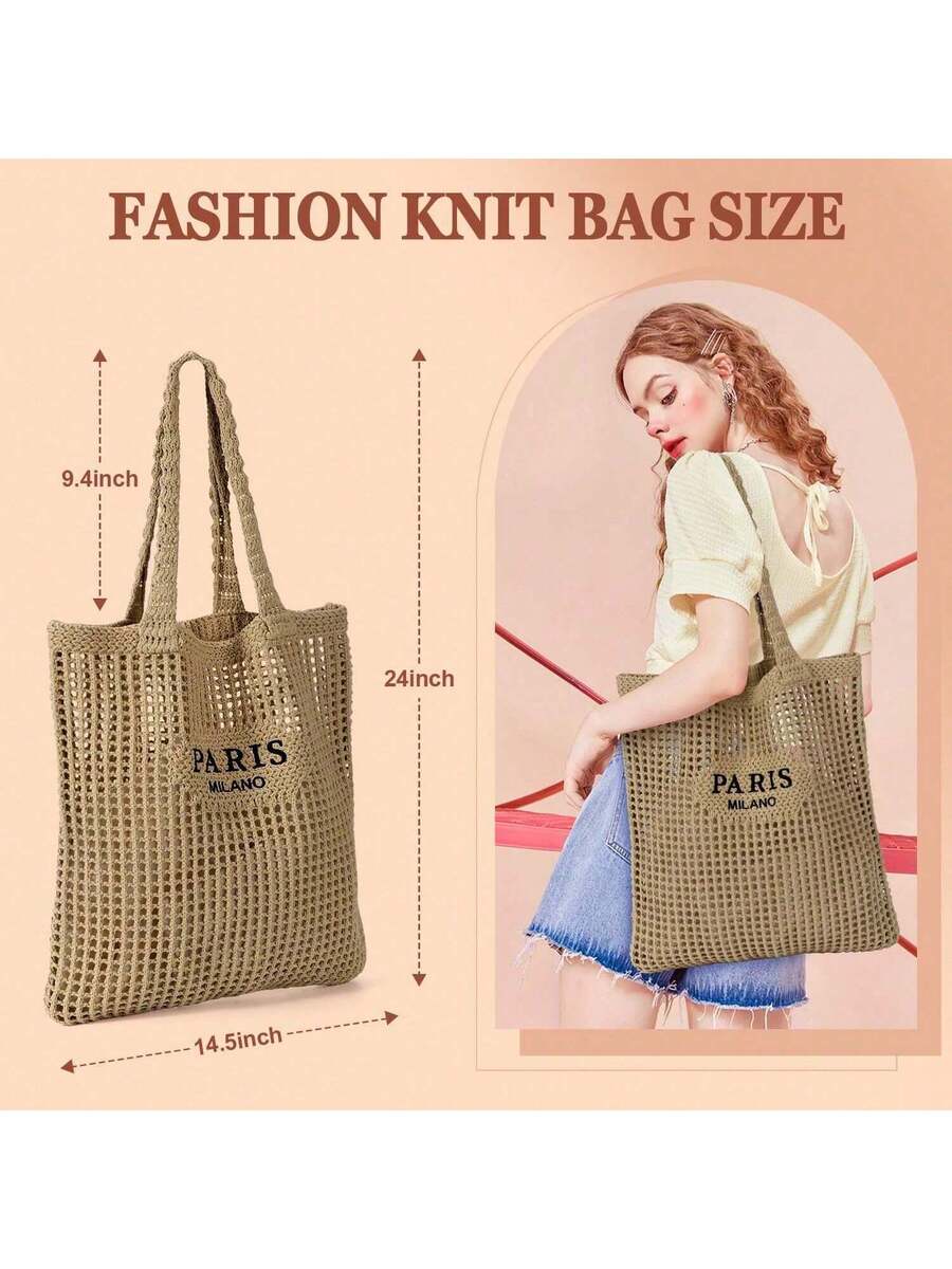Women's Crochet Tote Bag- Mesh Beach & Summer Vacation Boho Knit Aesthetic, Versatile Beach Tote Bag With Embroidered Hollow Letter Shoulder Bag