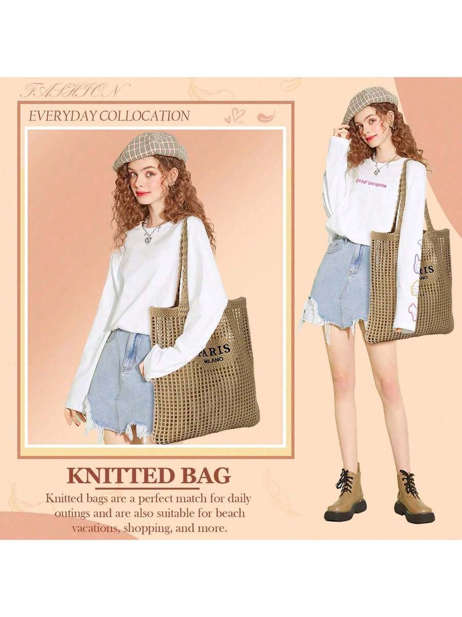 Women's Crochet Tote Bag- Mesh Beach & Summer Vacation Boho Knit Aesthetic, Versatile Beach Tote Bag With Embroidered Hollow Letter Shoulder Bag