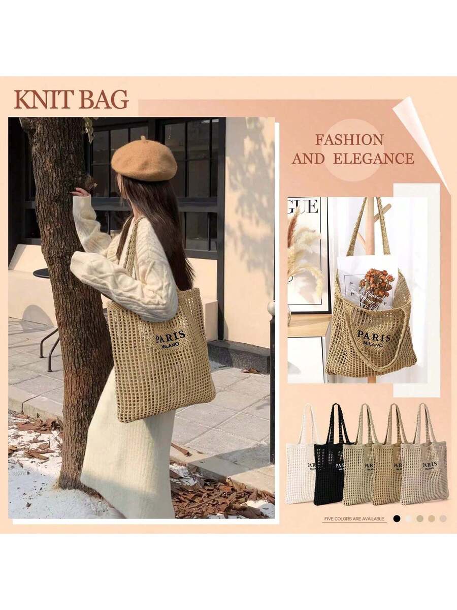 Women's Crochet Tote Bag- Mesh Beach & Summer Vacation Boho Knit Aesthetic, Versatile Beach Tote Bag With Embroidered Hollow Letter Shoulder Bag