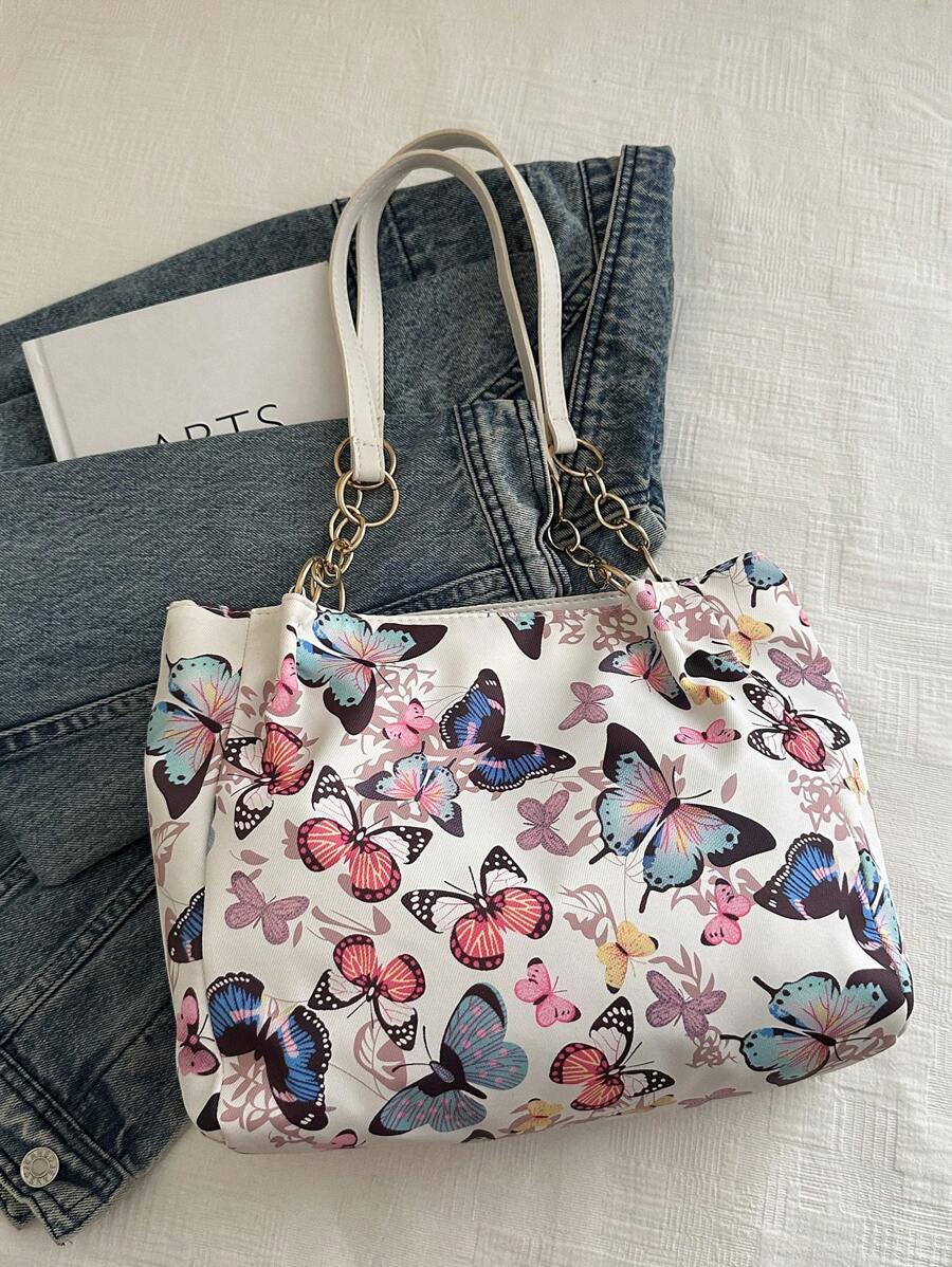 Fashionable Striped Handbag- Women's Large Capacity Shoulder Bag- Zippered Tote Bag For Daily Use- Minimalist Chain Shoulder Tote Bag For Teen Girl