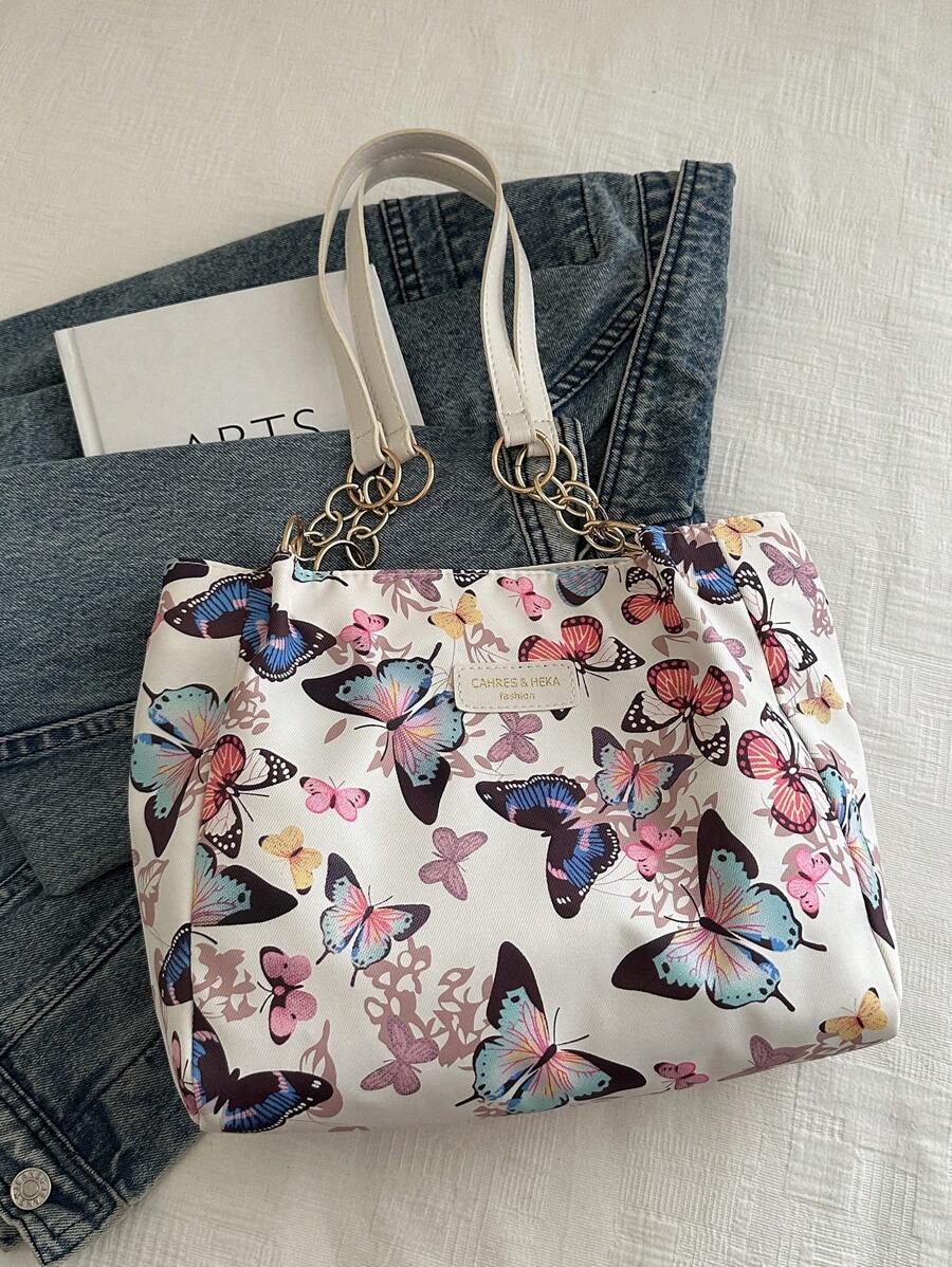 Fashionable Striped Handbag- Women's Large Capacity Shoulder Bag- Zippered Tote Bag For Daily Use- Minimalist Chain Shoulder Tote Bag For Teen Girl