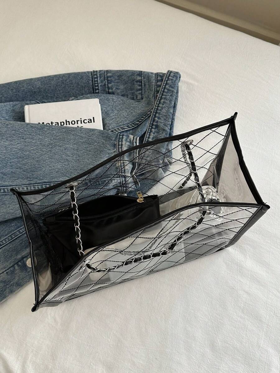 1pc Fashionable Clear Color-Block Beach Bag With Rhombus Grid Chain Tote Shoulder Bag Set, Perfect For Beach Vacation, Travel, Shopping, And Vacation Essentials, Beach Bags, Summer Outfits