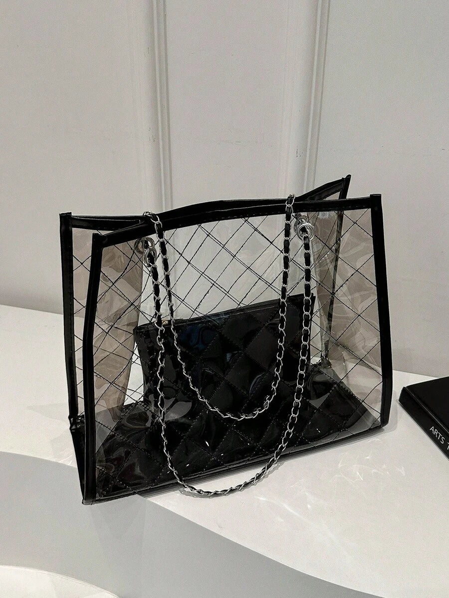 1pc Fashionable Clear Color-Block Beach Bag With Rhombus Grid Chain Tote Shoulder Bag Set, Perfect For Beach Vacation, Travel, Shopping, And Vacation Essentials, Beach Bags, Summer Outfits