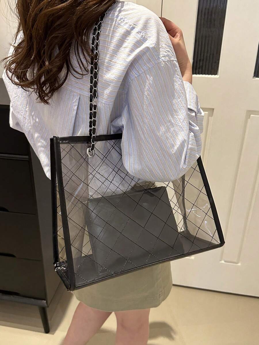 1pc Fashionable Clear Color-Block Beach Bag With Rhombus Grid Chain Tote Shoulder Bag Set, Perfect For Beach Vacation, Travel, Shopping, And Vacation Essentials, Beach Bags, Summer Outfits
