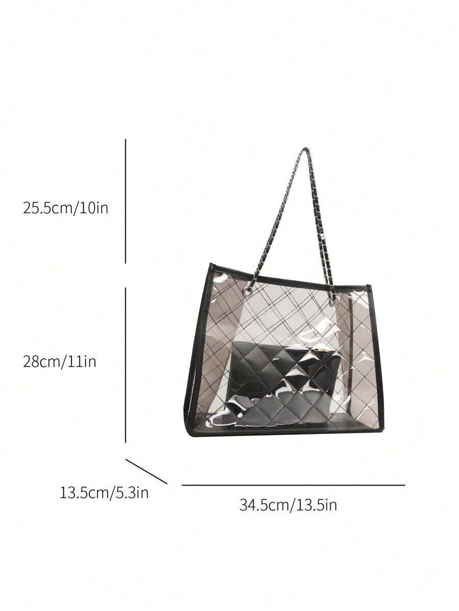 1pc Fashionable Clear Color-Block Beach Bag With Rhombus Grid Chain Tote Shoulder Bag Set, Perfect For Beach Vacation, Travel, Shopping, And Vacation Essentials, Beach Bags, Summer Outfits