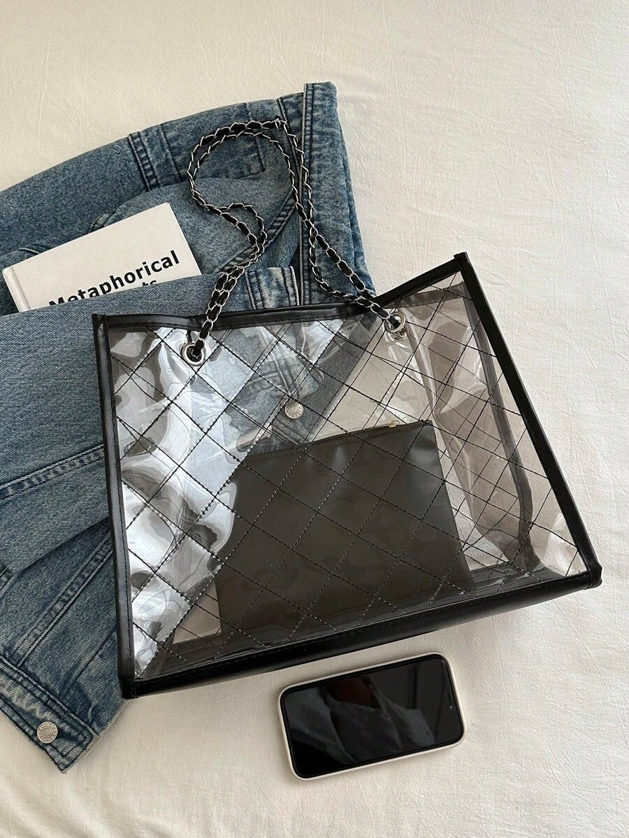 1pc Fashionable Clear Color-Block Beach Bag With Rhombus Grid Chain Tote Shoulder Bag Set, Perfect For Beach Vacation, Travel, Shopping, And Vacation Essentials, Beach Bags, Summer Outfits