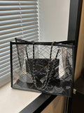 1pc Fashionable Clear Color-Block Beach Bag With Rhombus Grid Chain Tote Shoulde