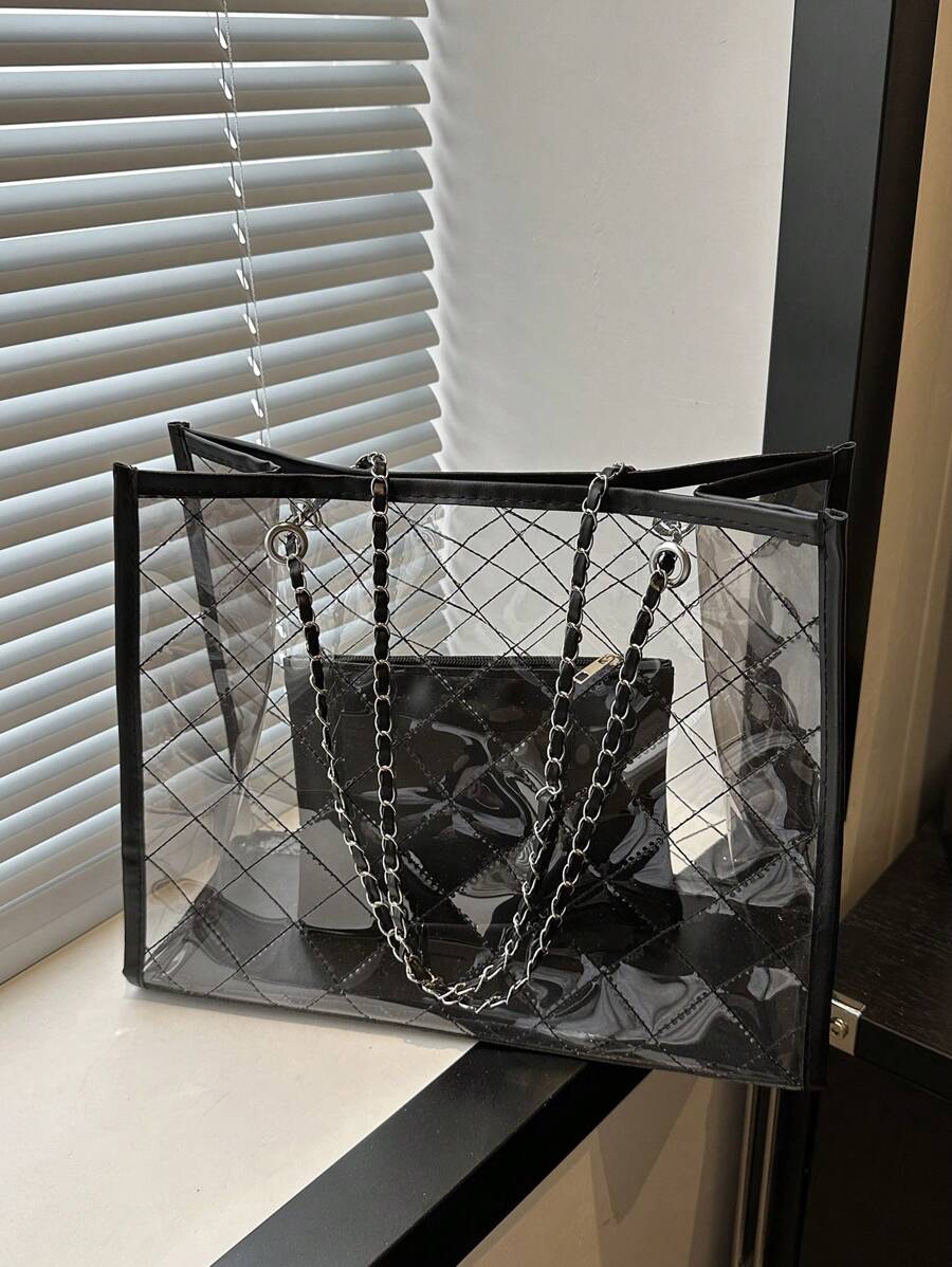 1pc Fashionable Clear Color-Block Beach Bag With Rhombus Grid Chain Tote Shoulder Bag Set, Perfect For Beach Vacation, Travel, Shopping, And Vacation Essentials, Beach Bags, Summer Outfits