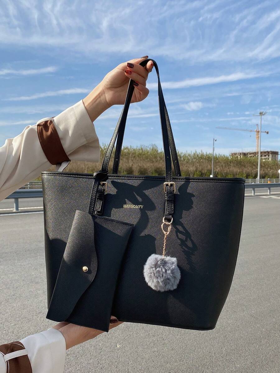 Fashionable Minimalist Style Tote Bag With Pendant & Pom-Pom Ball, 2pcs/Set, Large Capacity