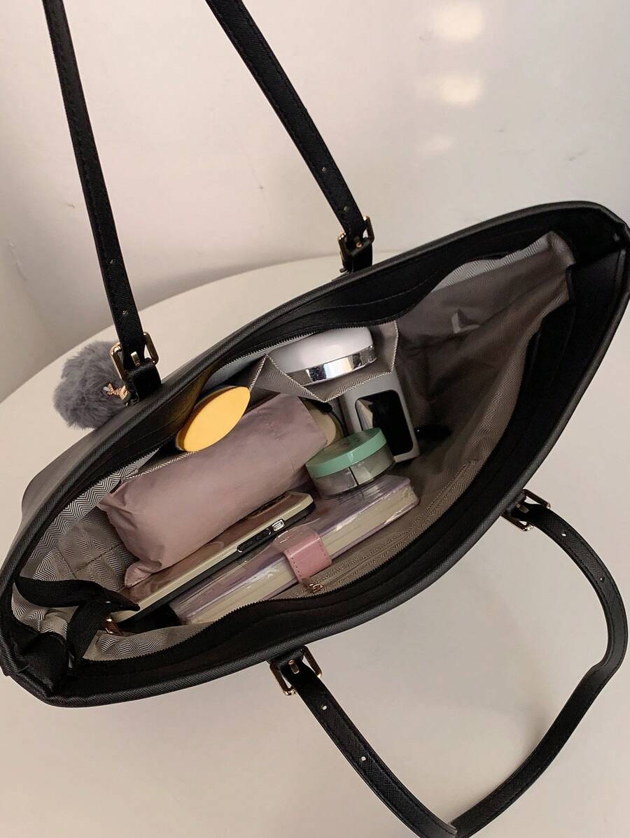 Fashionable Minimalist Style Tote Bag With Pendant & Pom-Pom Ball, 2pcs/Set, Large Capacity