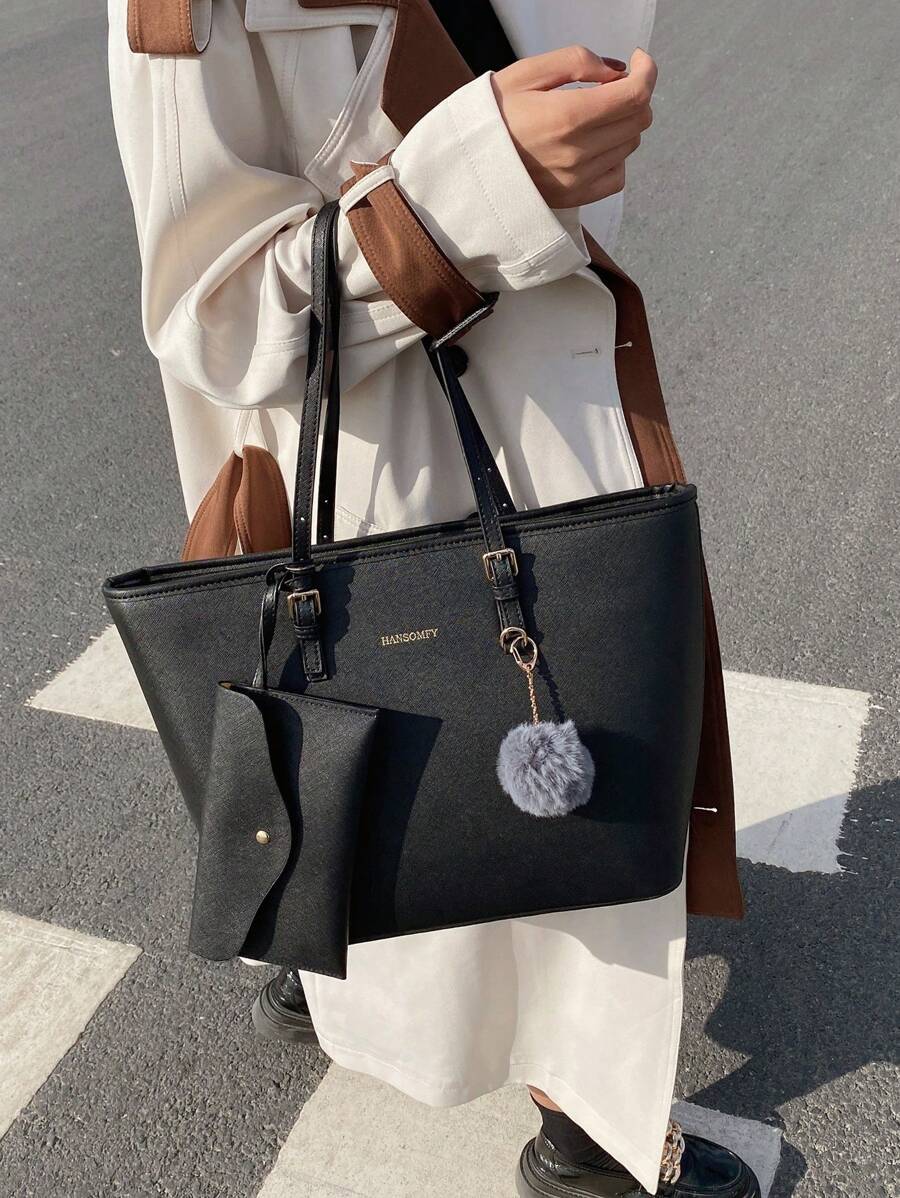 Fashionable Minimalist Style Tote Bag With Pendant & Pom-Pom Ball, 2pcs/Set, Large Capacity