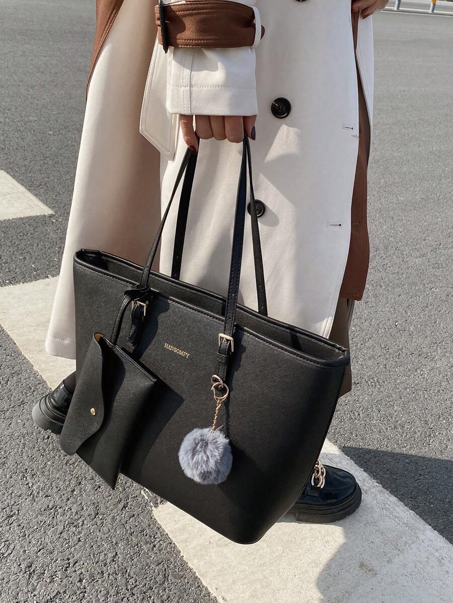 Fashionable Minimalist Style Tote Bag With Pendant & Pom-Pom Ball, 2pcs/Set, Large Capacity