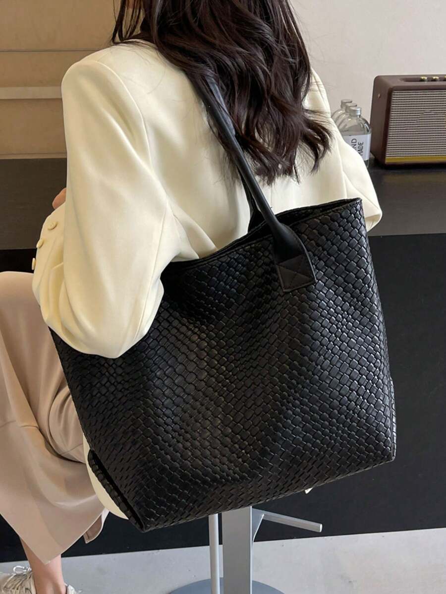 New Large Capacity Woven Pattern Handbag, Fashionable Shoulder Tote Bag, Unique Design, Solid Color Shoulder Bag, Suitable For Daily Outings, Shopping, Work And Commuting, Eye-Catching Ladies Work Bag