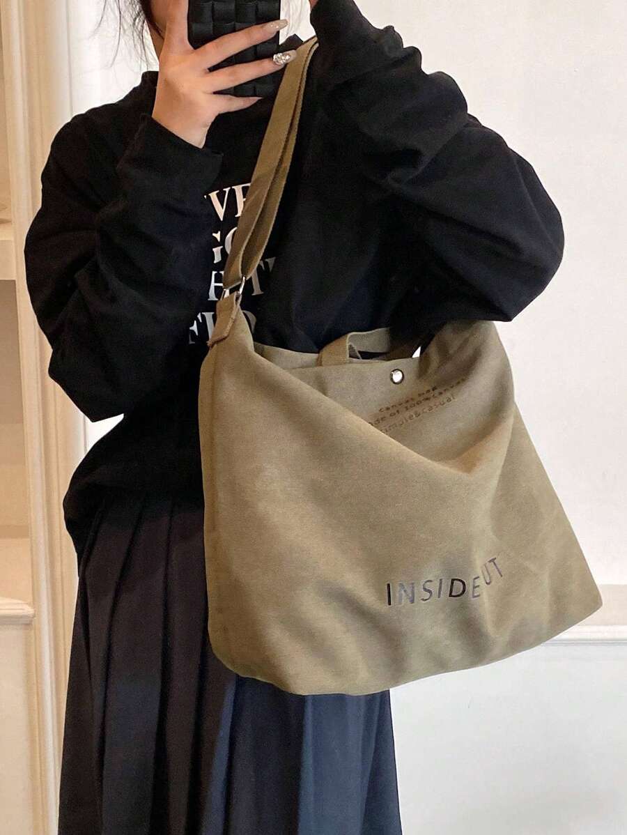 Vintage Canvas Tote Bag With Letter Print, Handbag, Shoulder Bag, Crossbody Bag, Casual Versatile Tote Bag For Men And Women, Commuting, Work, School, Travel, All-Match Canvas Bag
